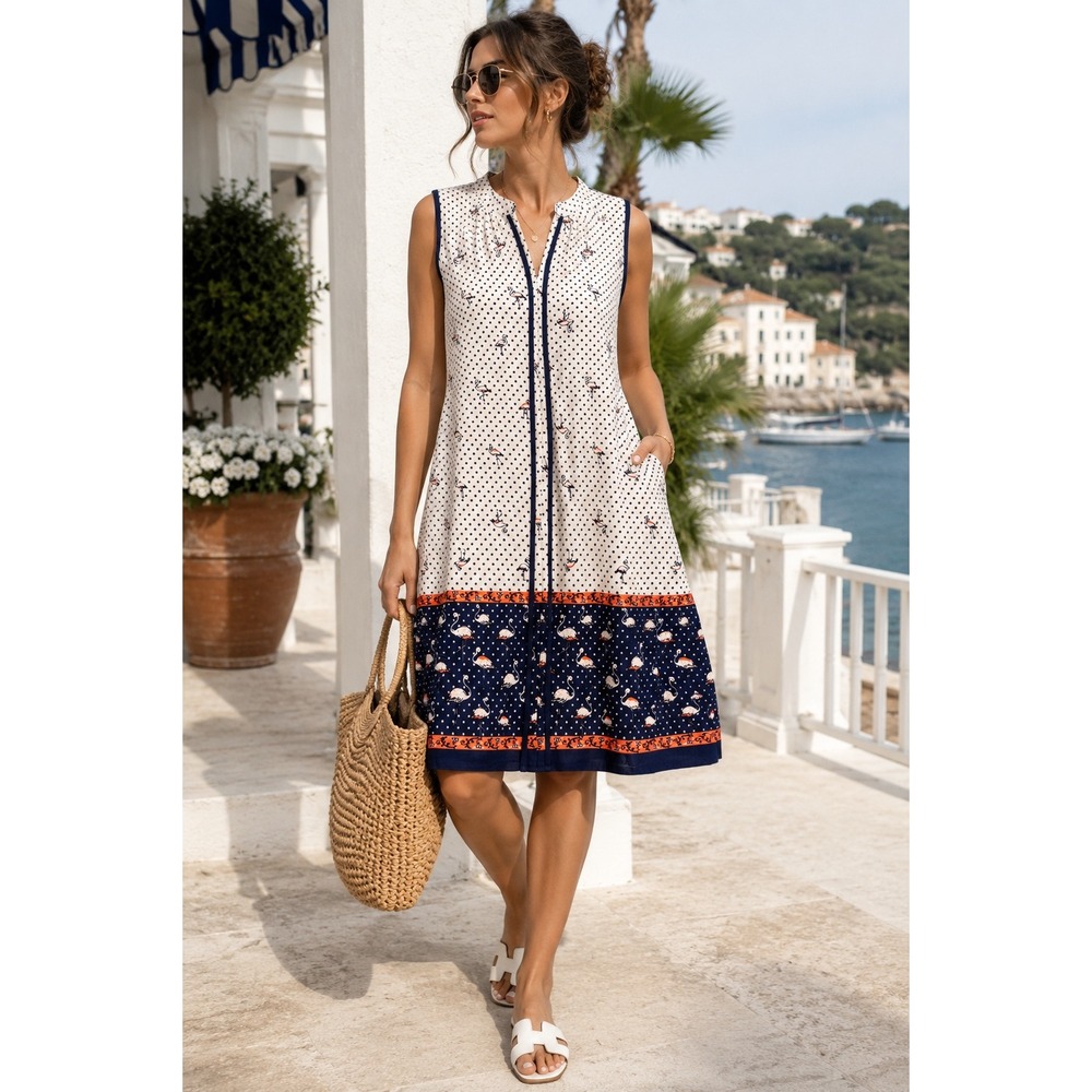 NAÏF Flamingo Polka Dot Shift Dress Coastal Beachy Resort‎ Vacation Summer Sz L